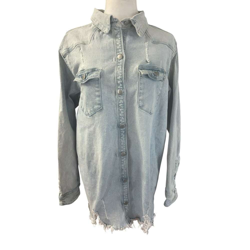 Ciao Bella Oversized Distressed Denim Shacket Long Sleeve Shirt Jacket Sz Lg